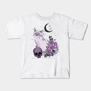 Goth Cat with Skull and Roses Kids T-Shirt